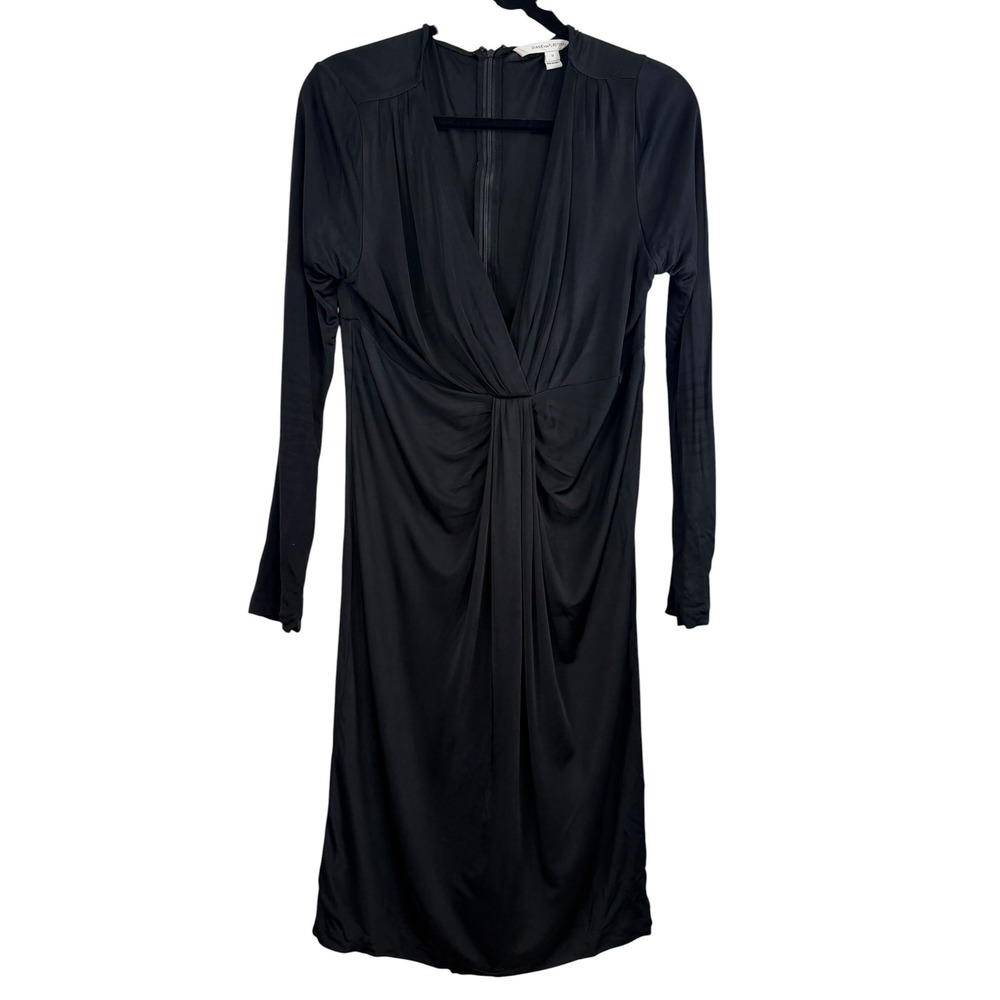 Diane von Furstenberg Black Twist Front V-Neck Long Sleeve Rayon Dress Size 10